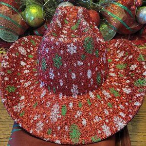 A756 NEW Shiny Woven Red & Green Snowflake Cowgirl, Wide Brim, Adjustable